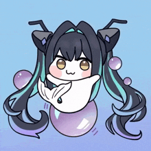 a cartoon drawing of a girl with long hair and bubbles around her