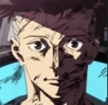 a close up of a cartoon character 's face with half of his face covered in shadow .