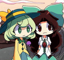 a cartoon drawing of a girl with green hair and a hat