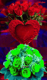 a heart shaped bouquet of red roses sits next to a green bouquet