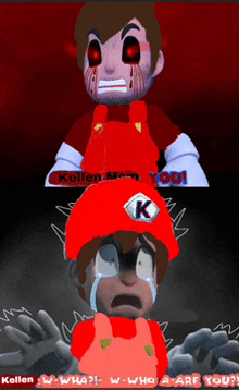 a cartoon character with a k on his hat is crying