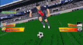 a soccer player is kicking a ball in front of a stadium with a banner that says cotr dor