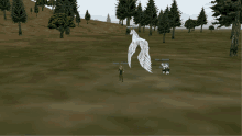 a computer screen shows a person standing in a field with trees in the background and a white horse with wings flying in the air
