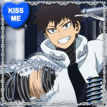 a picture of a man with a blue heart saying kiss me