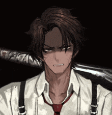 a man with suspenders and a red tie looks angry