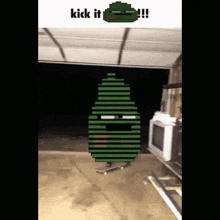 a pixel art drawing of a person on a skateboard with the words kick it written above them