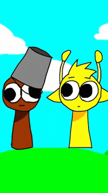a cartoon drawing of a giraffe and a bucket on their head
