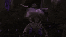 a purple robot is standing in a dark room with a light behind it .