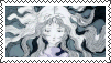 a postage stamp with a drawing of a woman with long hair and smoke coming out of her mouth .