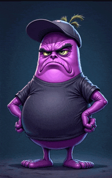 a purple monster wearing a hat and a black shirt