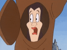 a cartoon character is looking out of a hole in a tree trunk and making a surprised face .