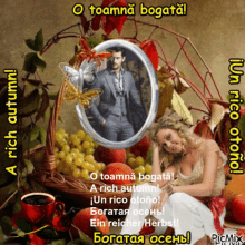 a picture of a man and a woman with the words a rich autumn