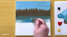 a person is painting a landscape on a canvas with the words made in animatica below it