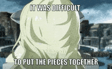 a woman with blonde hair is standing in front of a city with a meme that says `` it was difficult to put the pieces together ''