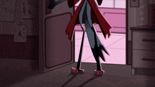 a cartoon character is standing in a doorway with a pink wall