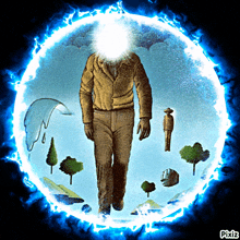 a painting of a man walking through a portal with pixiz written on the bottom right