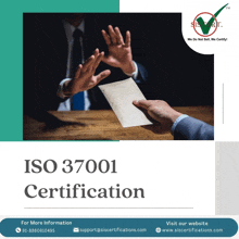 a poster for iso 37001 certification shows a man refusing a envelope