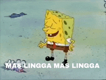a cartoon of spongebob laughing with the words mas lingga mas lingga underneath him
