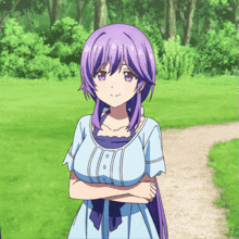 a girl with purple hair is standing in a park