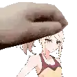 a pixel art of a girl with a hat on her head and a hand holding her head .