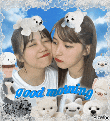 a picture of two girls with stuffed animals on their head and the words good morning