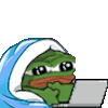 a pixel art of a green frog wrapped in a blue blanket using a laptop .
