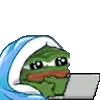 a pixel art of a green frog wrapped in a blue blanket using a laptop .