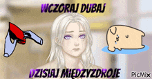 a picture of a girl with purple eyes and the words wczoraj dubai written above her