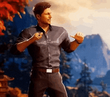 a man in a blue shirt and black pants is dancing in front of a mountain in a video game .
