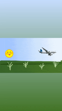 a drawing of a plane flying over a grassy field with a sun in the background