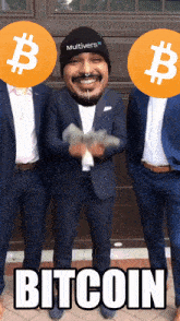a man in a suit is holding a bunch of money in front of a sign that says bitcoin