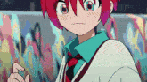 a girl with red hair and blue eyes making a face