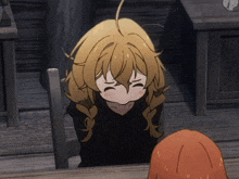 a girl with blonde hair is sitting at a table with a clock in the background