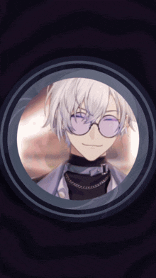a man with white hair and purple glasses looks through a lens