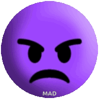 a purple smiley face with the word mad written below it