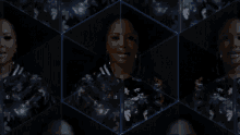 a woman in a floral jacket is surrounded by a blue grid