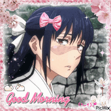 a picture of a girl with a pink bow on her hair and the words good morning