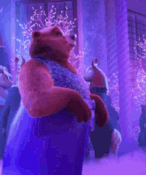 a bear in a purple dress stands in a room