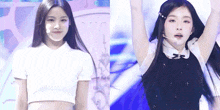 a woman in a white crop top and a woman in a black dress are standing next to each other .
