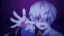 a person with white hair and blue eyes is reaching out