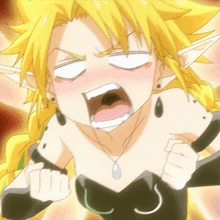 a girl with yellow hair is making a face with her mouth open