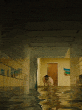 a dog standing in a flooded hallway with a picture on the wall that says beach