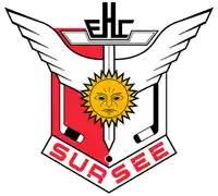 a logo for a hockey team called sursee with a sun and hockey sticks