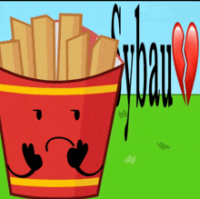 a red container of french fries has a sad face and a broken heart in the background