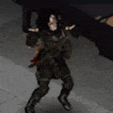 a blurred image of a person standing on a tiled floor