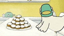 a cartoon drawing of a bird looking at a plate of donuts