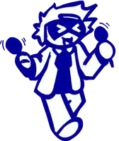 a blue and white drawing of a man singing into two microphones