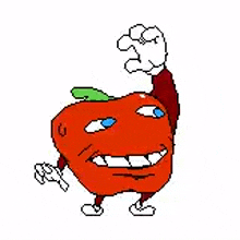 a cartoon drawing of an apple with arms and legs .