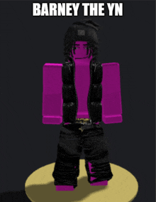 a purple cartoon character with the name barney the yn