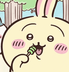 a cartoon rabbit is holding a stick in its mouth and eating it .